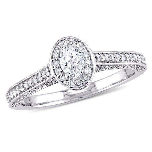 3/4 CT TW Oval and Round Diamond Raised 14K White Gold Halo Engagement Ring
