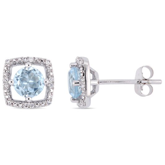 1 CT TGW Sky Blue Topaz and Diamond in 10K White Gold Halo Square Stud Earrings