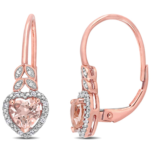 1 CT TGW Heart Shape Morganite and Diamond Accent in 10K Rose Gold Leverback Earrings