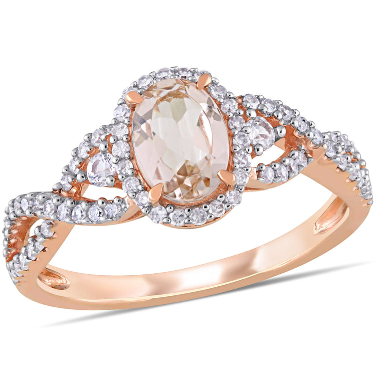 3/4 CT TGW Morganite and White Sapphire and 1/3 CT TW Diamond in 10K Rose Gold Halo Crossover Ring