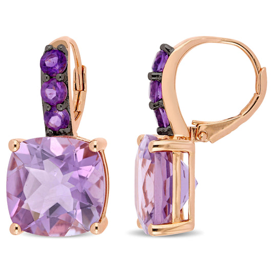 15 1/2 CT TGW Rose de France and Amethyst in Rose Plated Sterling Silver Leverback Earrings