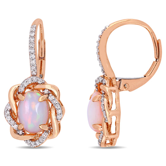 1 1/2 CT TGW Blue Ethiopian Opal and 1/4 CT TW Diamond in 10K Rose Gold Halo Leverback Earrings