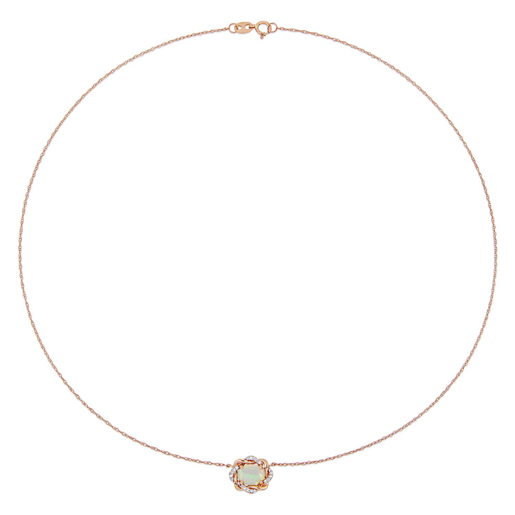 3/4 CT TGW Ethiopian Blue Opal and 1/10 CT TW Diamond in 10K Rose Gold Interlaced Halo Necklace