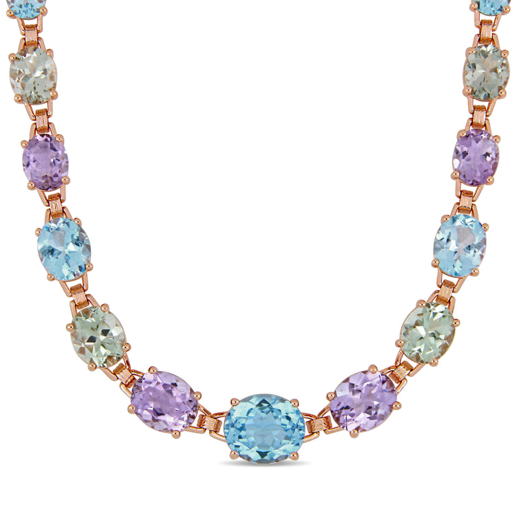 69 CT TGW Green Quartz, Sky Blue Topaz and Rose de France in Rose Plated Sterling Silver Link Necklace