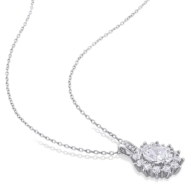 4 CT TGW Created White Sapphire and Diamond Accent Sterling Silver Floral Halo Pendant