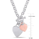 Oval Link with Double Heart Charm in 2-Tone White and Rose Plated Sterling Silver Necklace