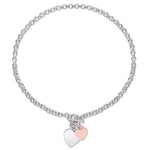 Oval Link with Double Heart Charm in 2-Tone White and Rose Plated Sterling Silver Necklace