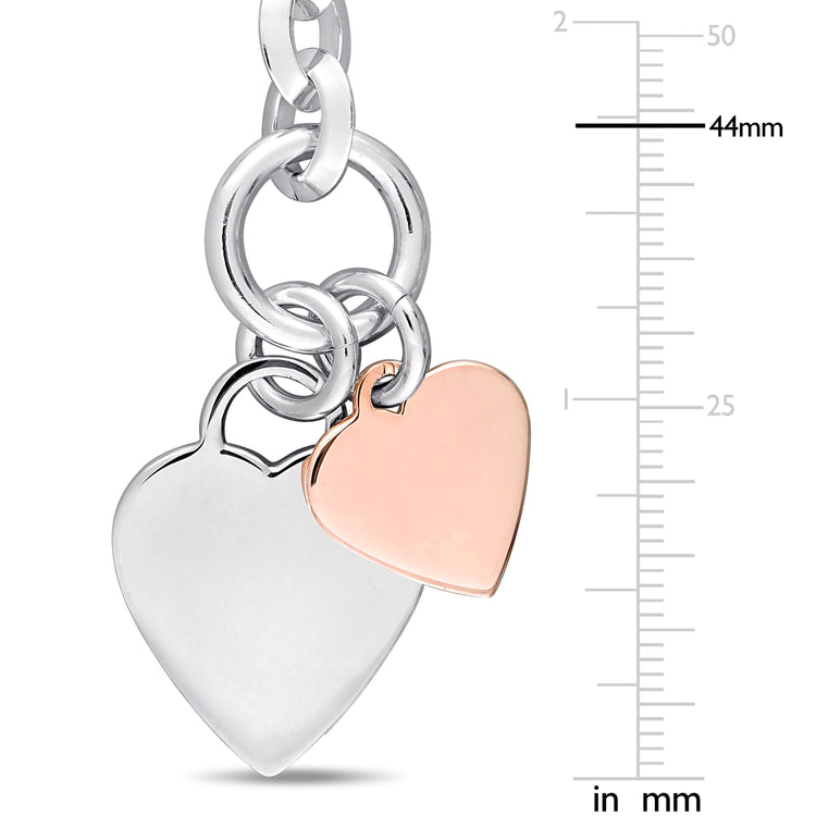 Oval Link with Double Heart Charm in 2-Tone White and Rose Plated Sterling Silver Bracelet