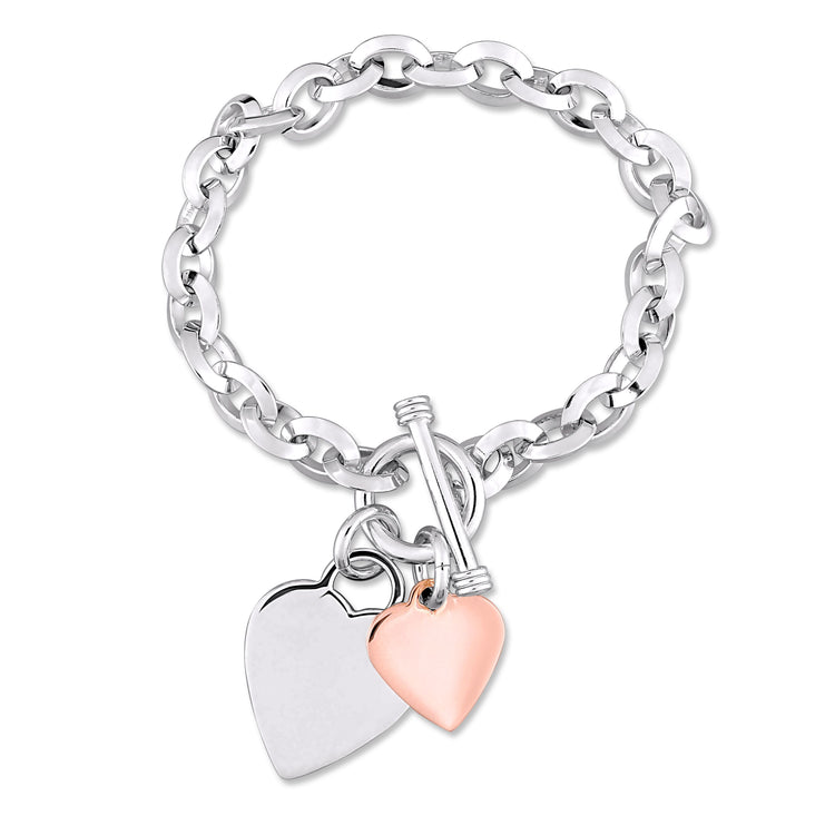 Oval Link with Double Heart Charm in 2-Tone White and Rose Plated Sterling Silver Bracelet