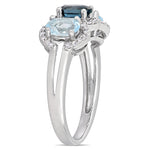 1 3/5 CT TGW London & Sky Blue Topaz and 1/5 CT TW Diamond Sterling Silver 3-Stone Halo Ring