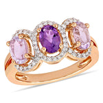1 5/8 CT TGW African-Amethyst, Rose de France and 1/5 CT TW Diamond Rose Plated Sterling Silver 3-Stone Halo Ring