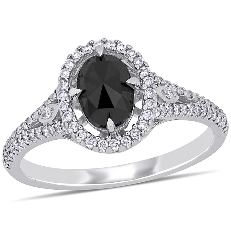 1 1/4 CT TW Black and White Diamond Double Halo Split Shank 14K White Gold Engagement Ring
