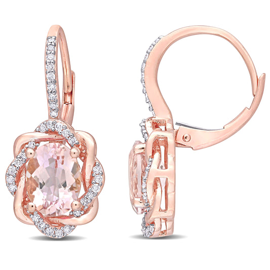 2 1/3 CT TGW Morganite and 1/4 CT TW Diamond 10K Rose Gold Interlaced Halo Leverback Earrings
