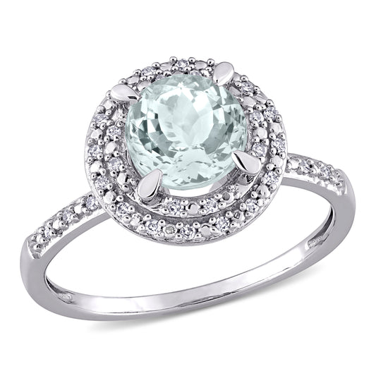 1 1/7 CT TGW Aquamarine and 1/10 CT TW Diamond 10K White Gold Halo Engagement Ring