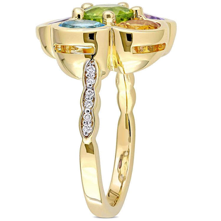 3 3/8 CT TGW Multi-Gemstones and Diamond Accent Yellow Plated Sterling Silver Floral Ring