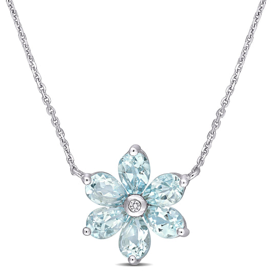 2 3/8 CT TGW Aquamarine and Diamond Accent 14K White Gold Floral Necklace