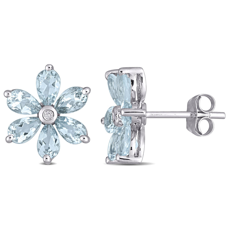 2 1/6 CT TGW Aquamarine and Diamond Accent 14K White Gold Floral Stud Earrings