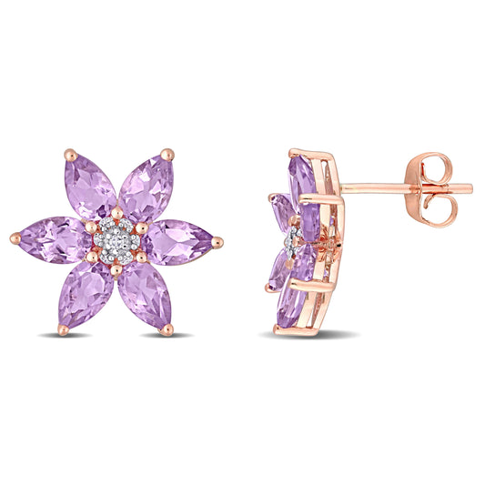 2 3/8 CT TGW Amethyst and Diamond Accent 10K Rose Gold Floral Stud Earrings