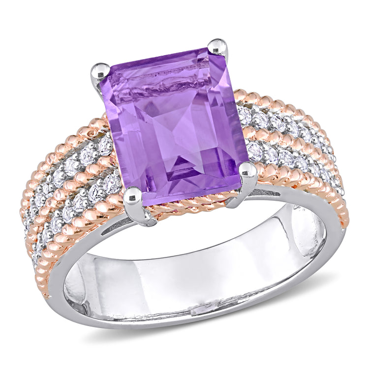 3 3/5 CT TGW Amethyst and White Topaz White and Rose Plated Sterling Silver Cocktail Ring