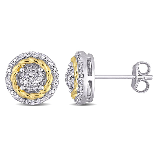 1/4 CT TW Diamond White and Yellow Plated Sterling Silver Rope Design Halo Stud Earrings