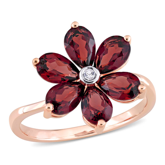 3 CT TGW Garnet and Diamond Accent 10K Rose Gold Floral Ring