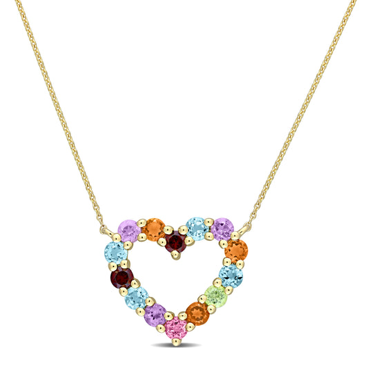 1 CT TGW Multi-Gemstones 10K Yellow Gold Open Heart Pendant Necklace