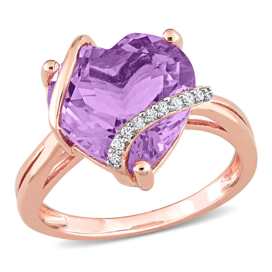 6 1/2 CT TGW Amethyst and Diamond Rose Plated Sterling Silver Accent Heart Ring