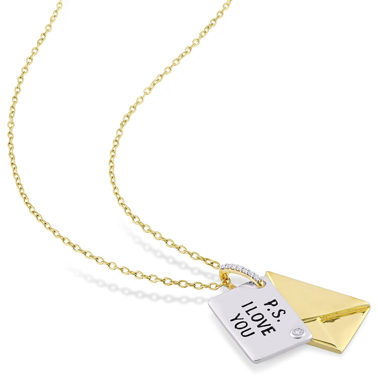 "I Love You" Pendant Diamond Accent Letter Envelope Yellow Plated Sterling Silver Necklace