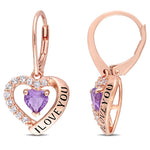 1 1/2 CT TGW Amethyst and White Topaz Heart 'I Love You' Rose Plated Sterling Silver Leverback Earrings