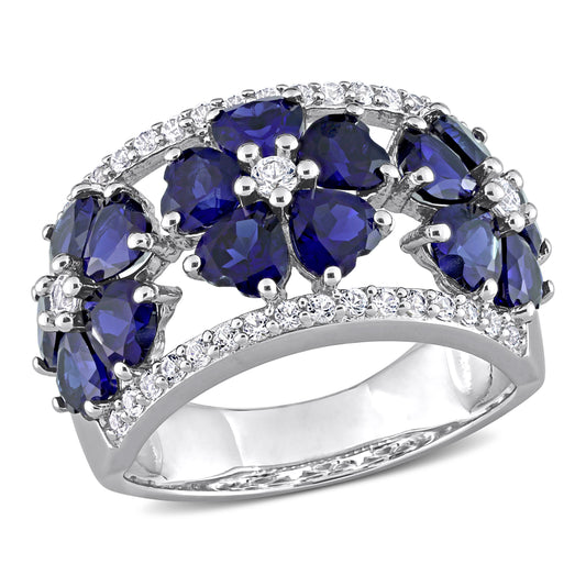 4 1/2 CT TGW Created Blue and White Sapphire Sterling Silver Floral Ring