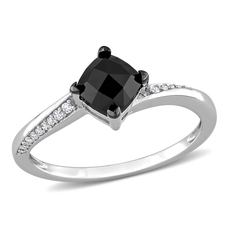 1.07 CT TW Black Diamond Cushion-Cut Solitaire 10k White Gold Engagement Ring