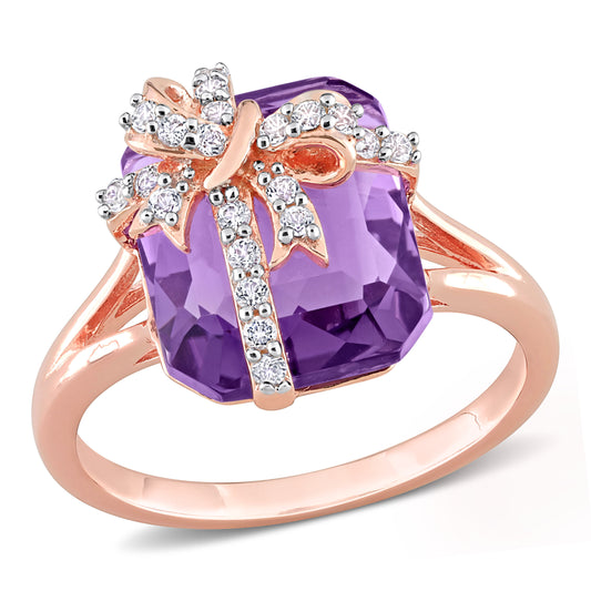 6 3/4 CT TGW Amethyst and White Topaz Rose Plated Sterling Silver Bow Ring