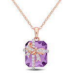 6 3/4 CT TGW Amethyst and White Topaz Rose Plated Sterling Silver Bow Pendant  Necklace