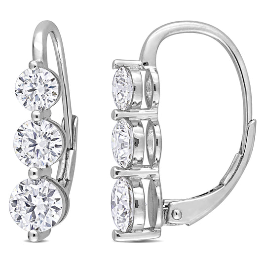 2 1/5 CT DEW Created Moissanite Sterling Silver 3-Stone Leverback Earrings
