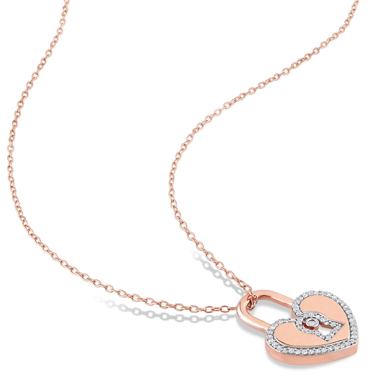1/5 CT. T.W. Diamond Rose Plated Heart-Shaped Lock Pendant Necklace