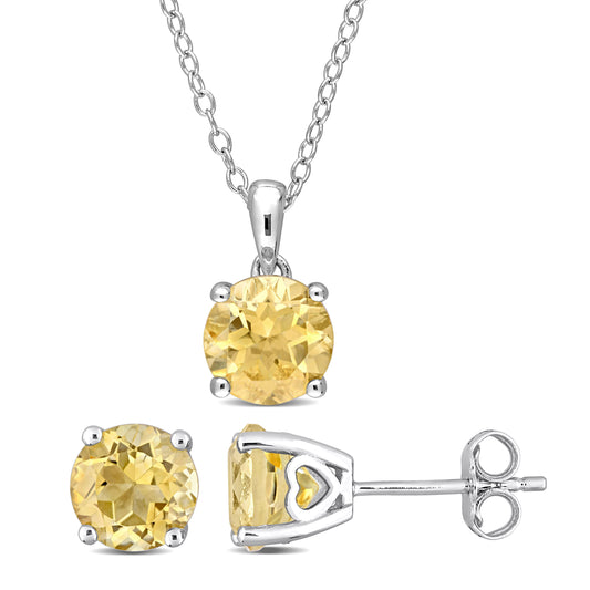 Citrine Solitaire Stud Earring and Pendant Set