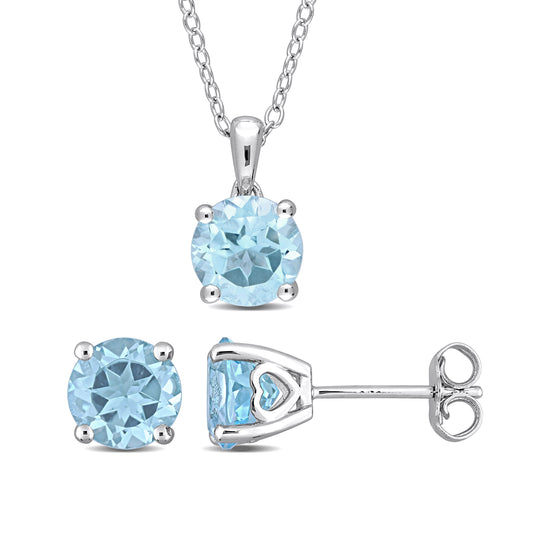 Blue Topaz-Sky Solitaire Stud Earring and Pendant Set