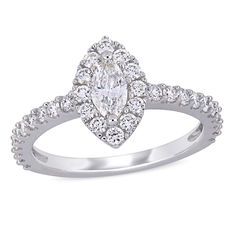 1 CT TW Marquise and Round Diamonds 14k White Gold Halo Engagement Ring