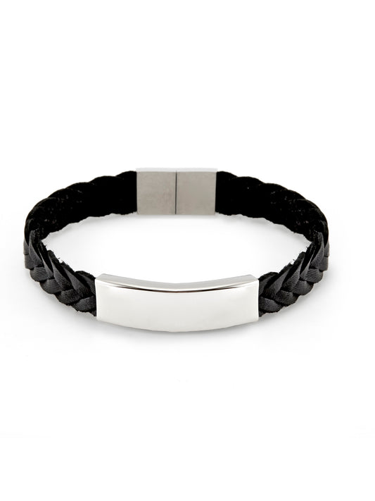 Men's Black Braided Leather ID Bracelet