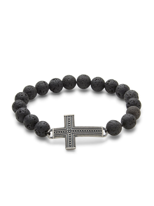 Men's Cross Lava Rock  Bead Bracelet