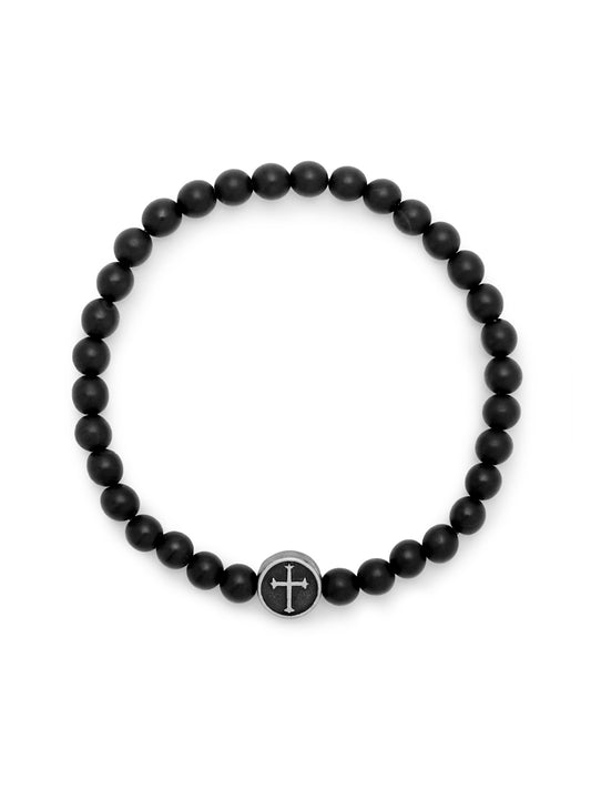 Men's Black Agate Bead Bracelet with Cross Bead