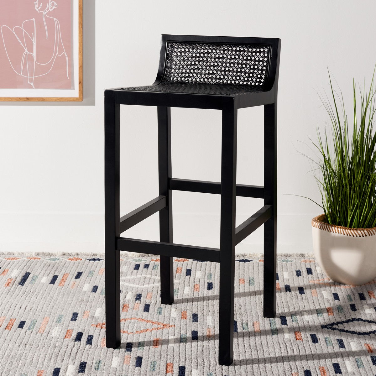  Safavieh Saito Low Back Cane Bar Stool - Black - Bonton