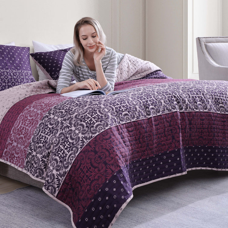 Cordon Purple 100% Cotton 230 Thread Count 3-Piece Reversible Quilt Set