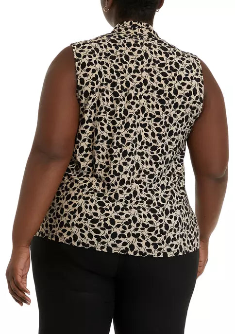  Anne Klein Plus Size Printed ITY Triple Pleat Sleeveless Blouse - Anne Black/ Blue Jay Combo - Bonton