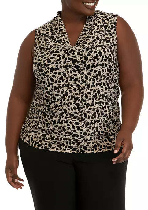  Anne Klein Plus Size Printed ITY Triple Pleat Sleeveless Blouse - Anne Black/ Blue Jay Combo - Bonton