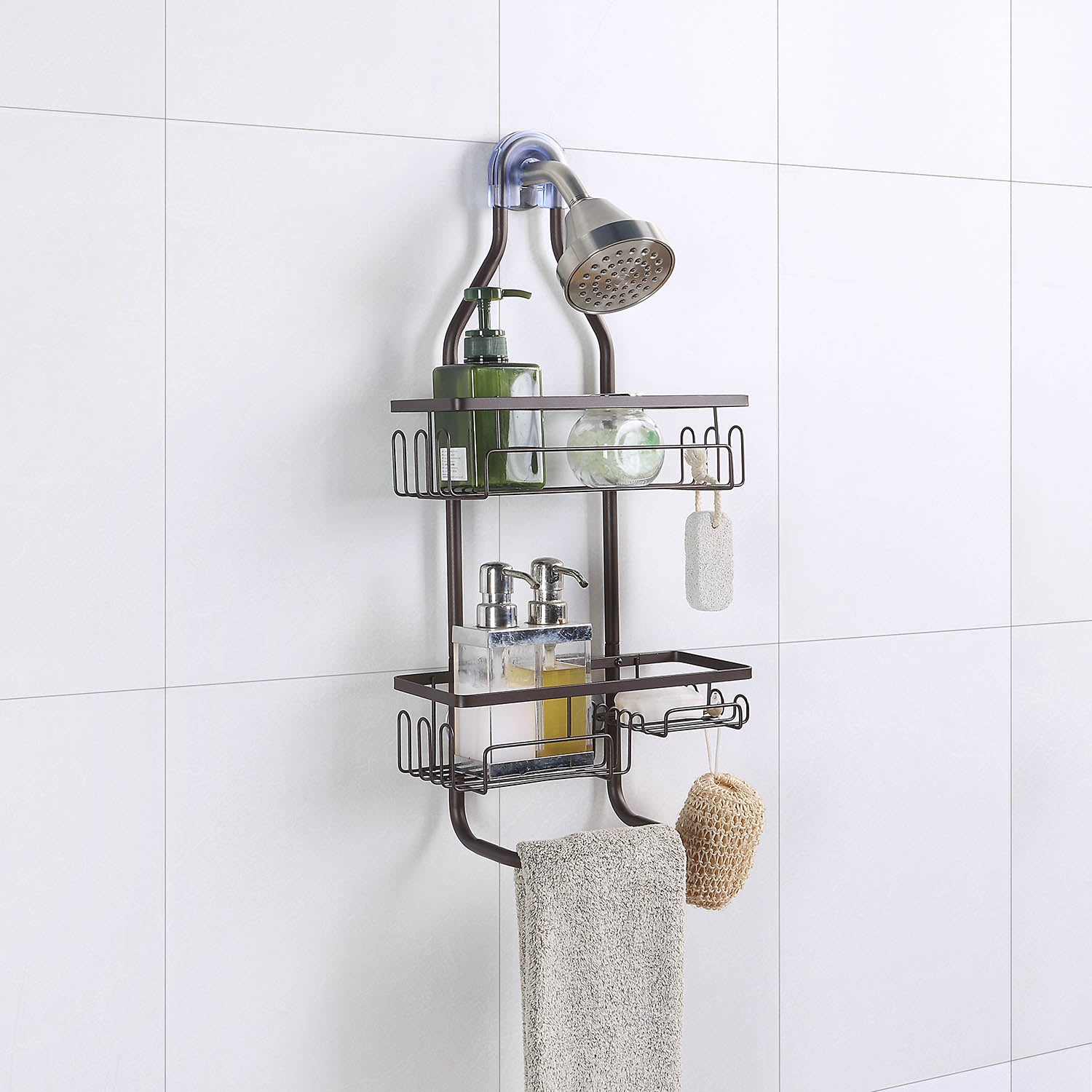  Sturdy Tubing Structure Bathroom Hanging Shower Head Caddy Organizer - Brown - Bonton