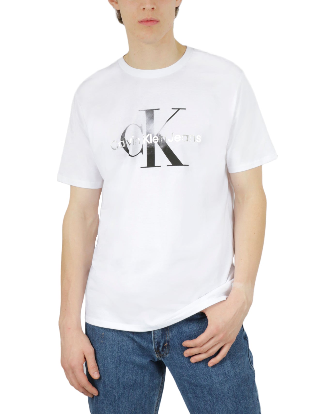  Calvin Klein Short Sleeves Gold/Silver Metallic Monogram Tee - Brilliant White - Bonton