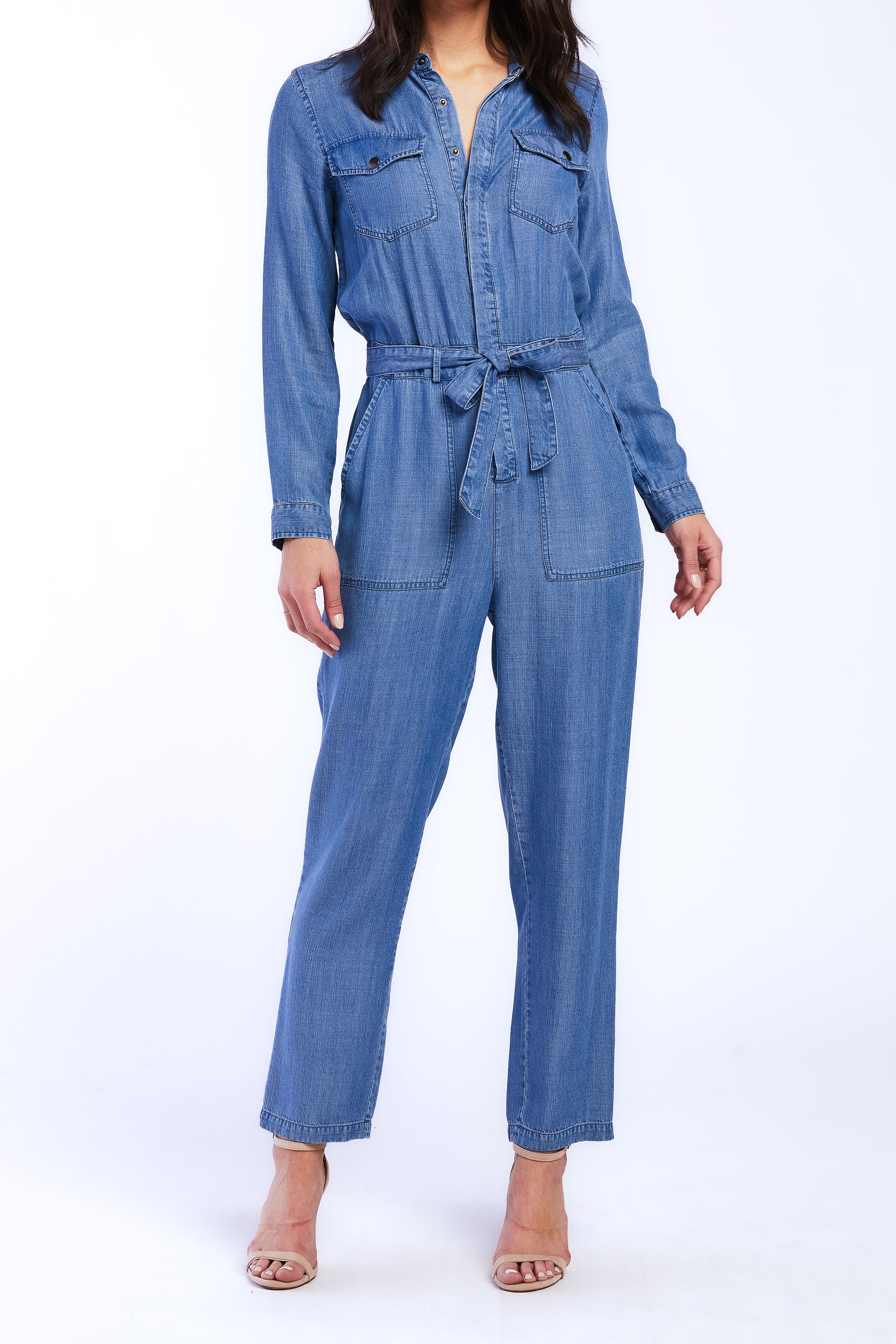  Cantrelle Long Sleeve Pull On Jumpsuit, Loose Leg, Half Button Down - Classic Indigo - Bonton