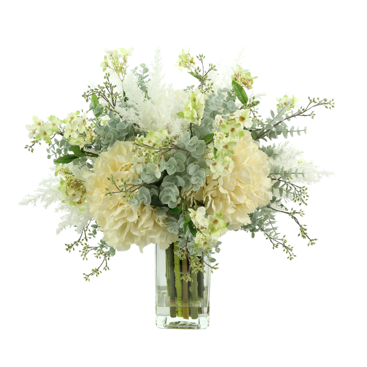 Hydrangea, Pampas and Eucalyptus in a Tall Glass Vase