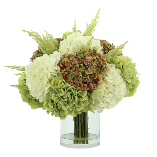 Assorted Hydrangeas in a Glass Vase